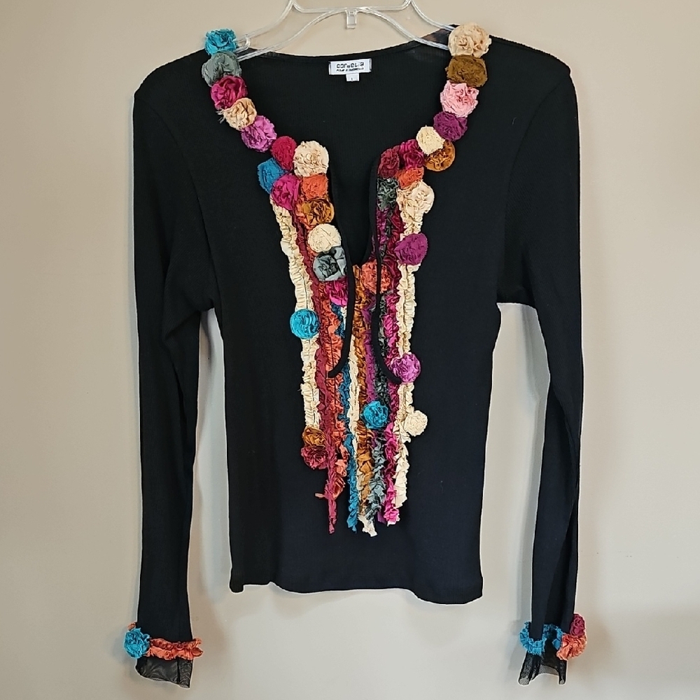 Cordelia Black Long-Sleeve Rib Knit Top with Multicolor Rosette Silk Trim 😍😍